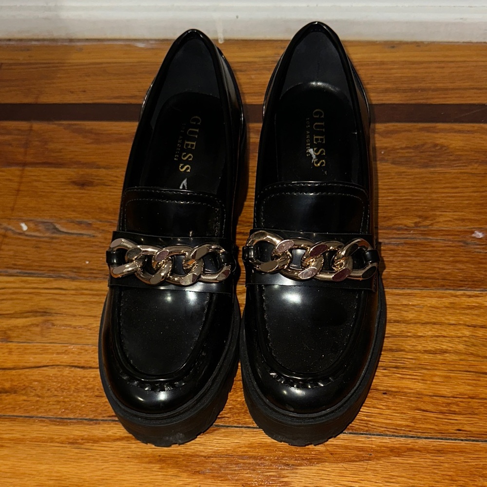 GUESS Black Platform Loafers with Gold Chain Accent
